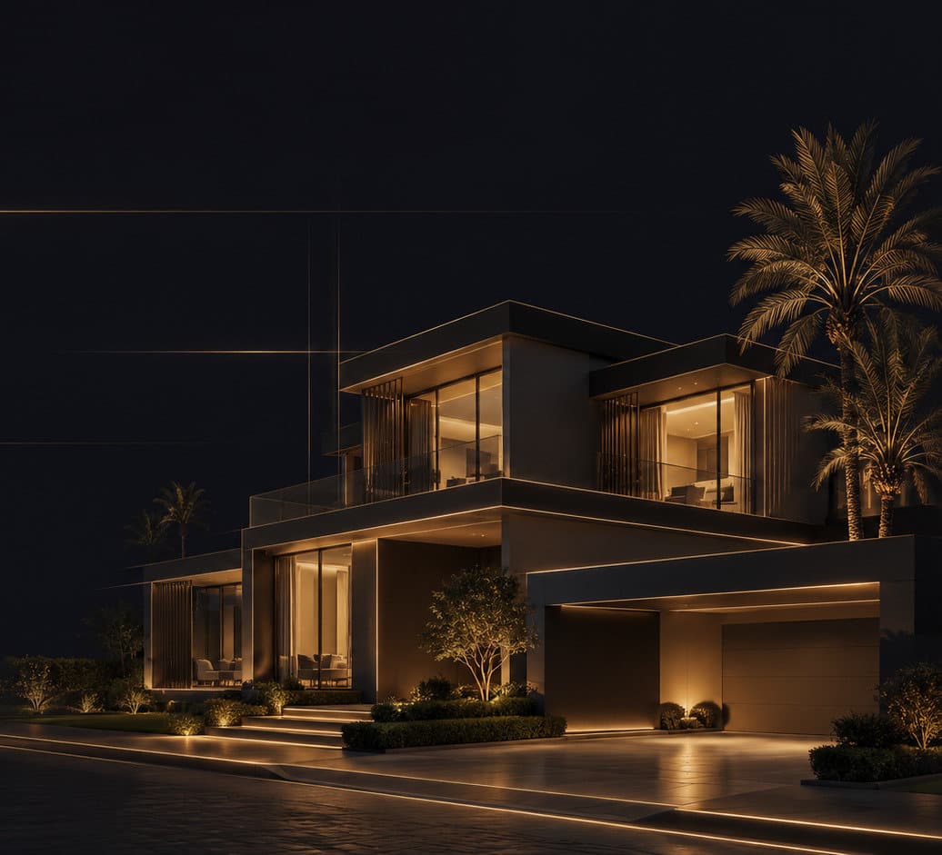 Modern illuminated villa exterior with landscaped garden in Arabian Ranches, Dubai