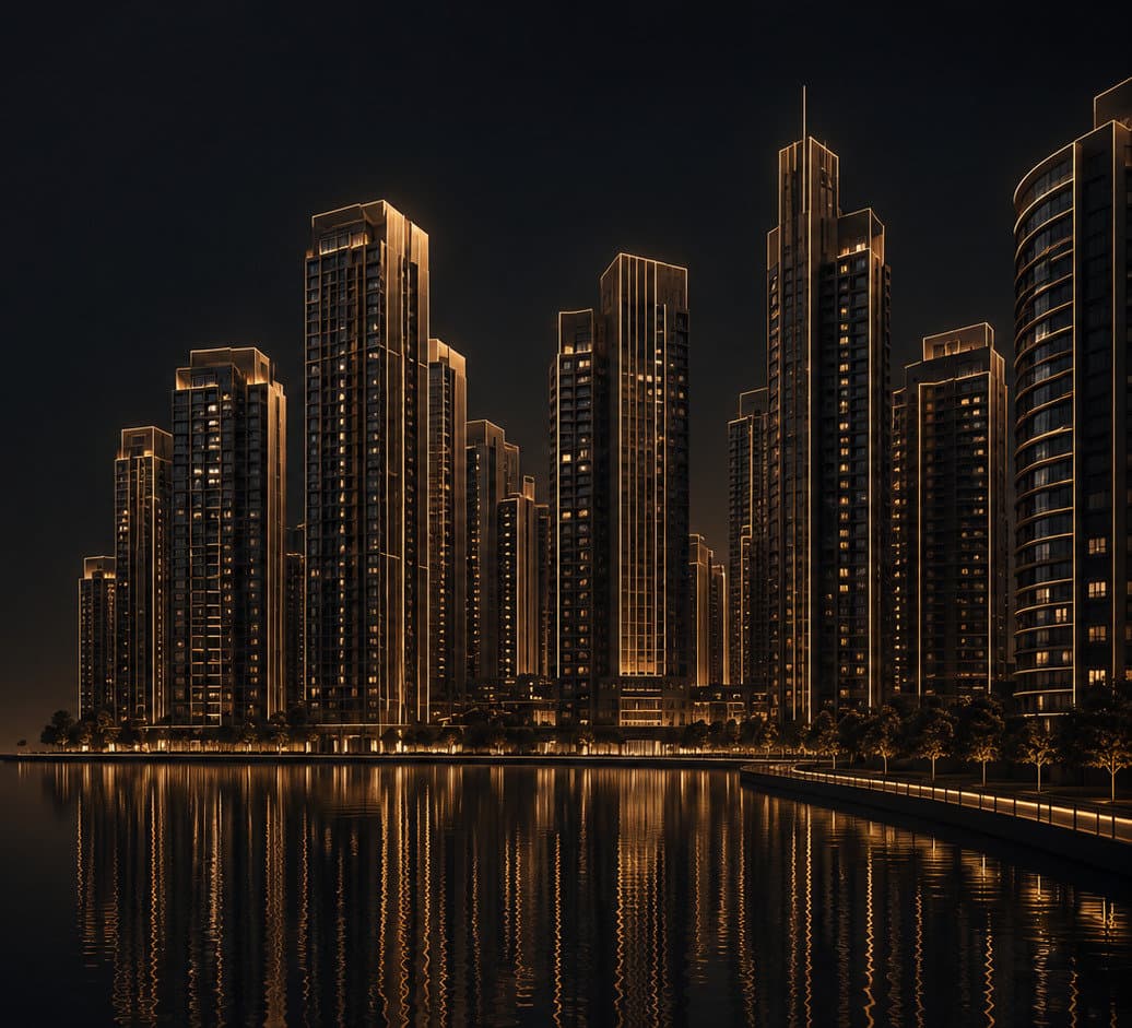 JLT lake-front residential towers illuminated at night in Dubai