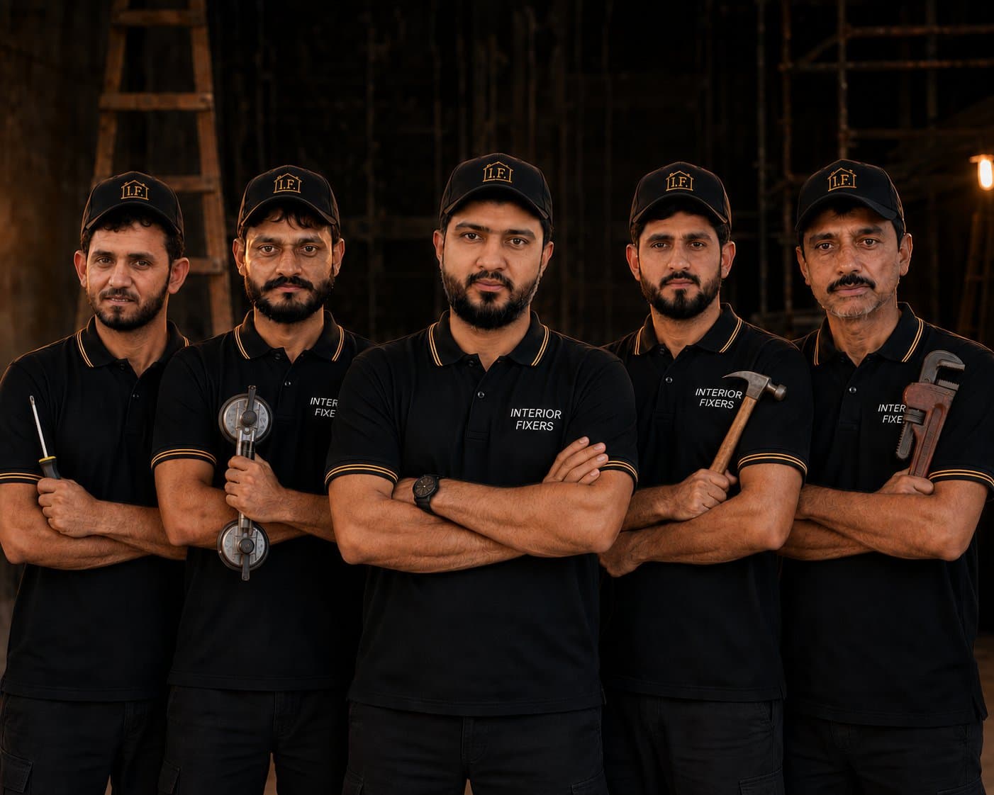 Team of five Interior Fixers technicians in branded black and gold uniform and caps, arms crossed, each holding a hand tool, at a project site
