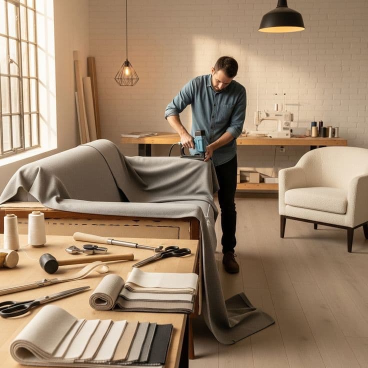 Upholsterer restoring a sofa frame in a furniture repair workshop