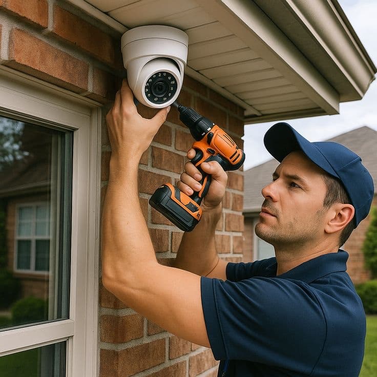 Technician servicing a dome CCTV camera mounted under a roof eave with a cordless drill