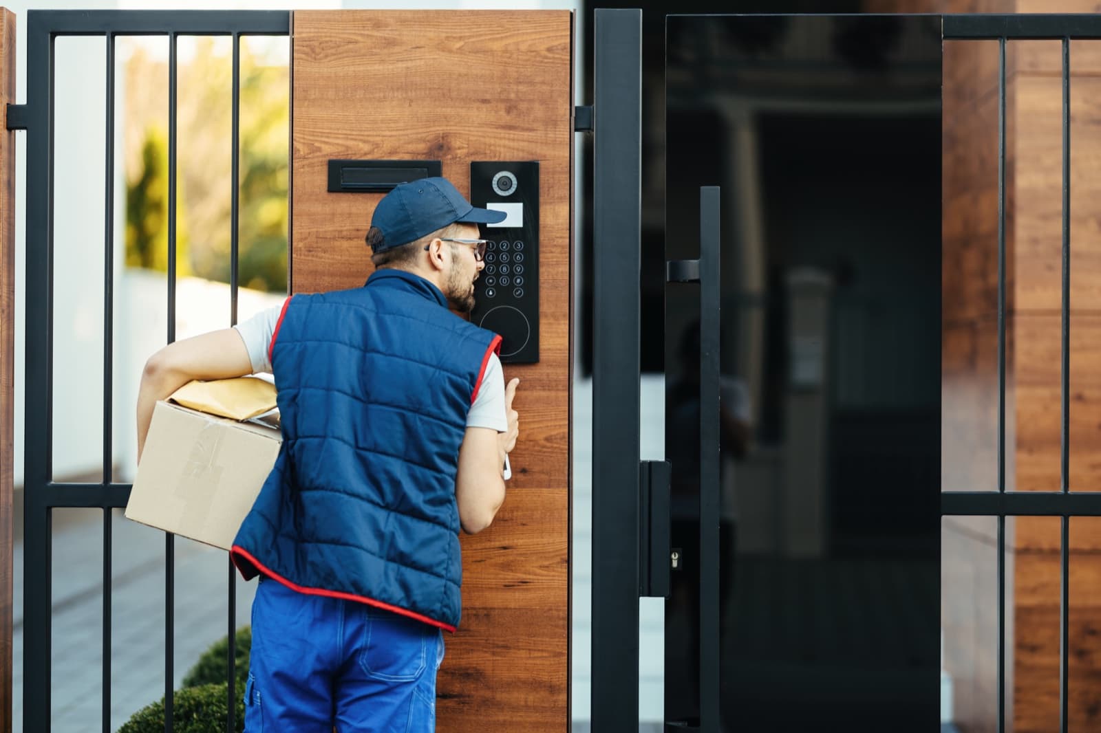Visitor using a video door intercom panel mounted beside a gate