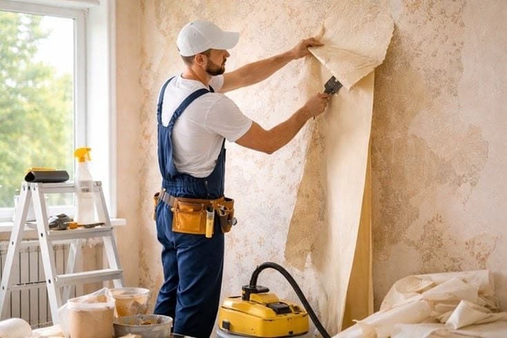 Worker using a scraper to strip old wallpaper back to the bare wall